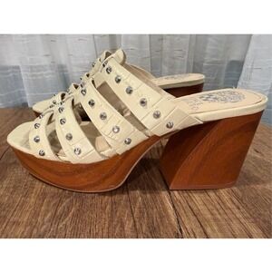 Vince Camuto Charmie Studded Crocodile Embossed Platform Wedge Sandals Cream 7.5